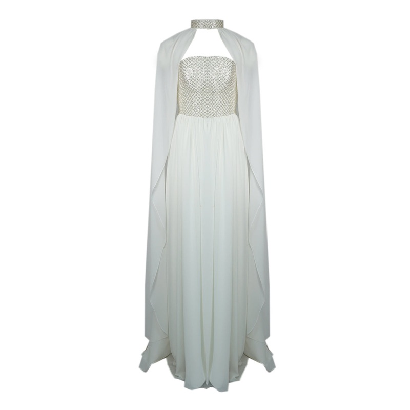 WHITE STRAPLESS GOWN FEATURING CHOKER CAPE