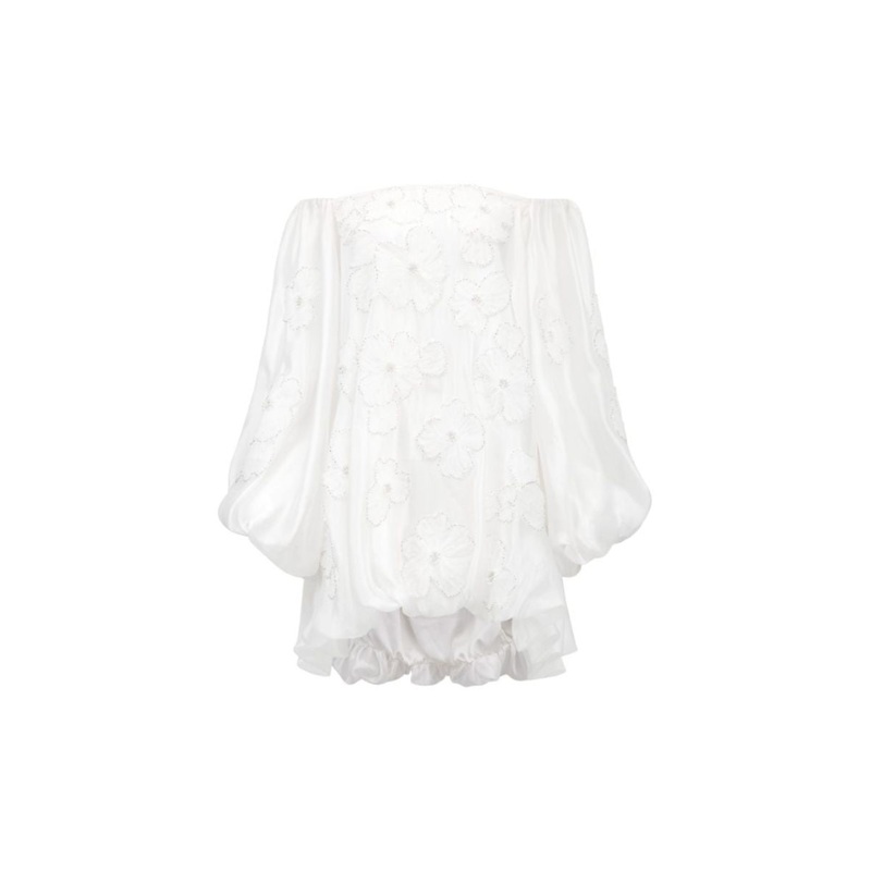 AIMEE WHITE SHINY SILK 3D FLORAL MINI DRESS
