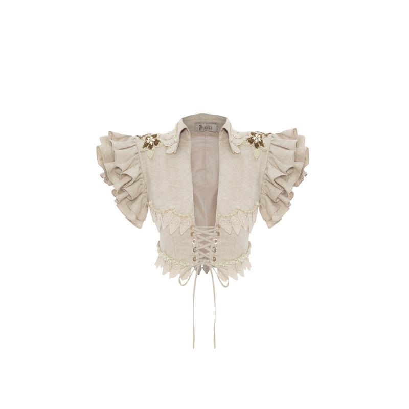BEIGE HANDMADE LACE DETAILED RUFFLED LINEN JACKET