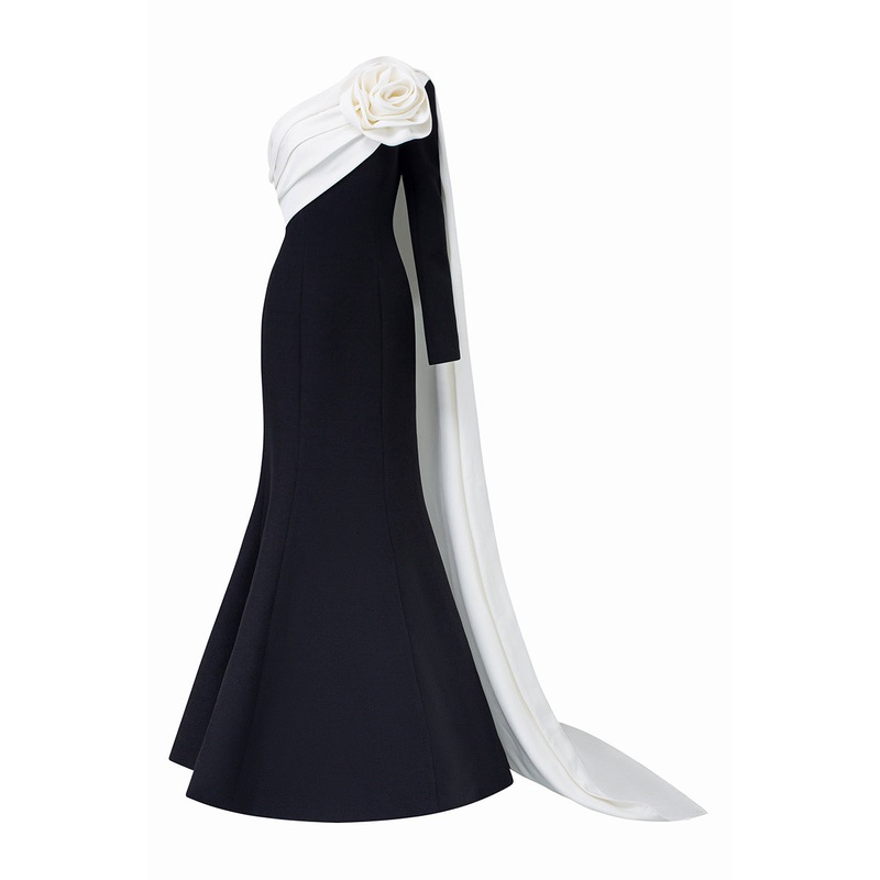 BLACK ASYMETRICAL SHOULDER GOWN WITH DRAPED ROSE