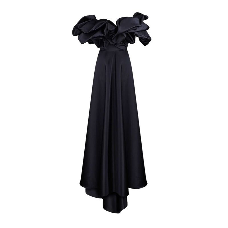 BLACK CORSET DRESS GOWN WITH MERINGUE FLOUNCES