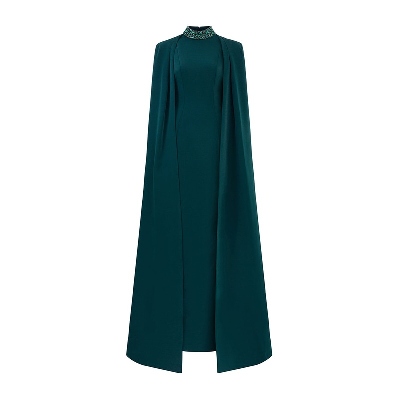 DARK GREEN HIGH-NECK GOWN WITH PLEATED LONG CAPE
