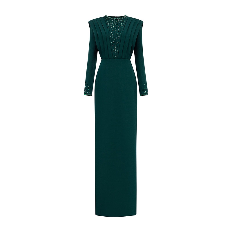 DARK GREEN LONG SLEEVES PLEATED SHOULDER GOWN