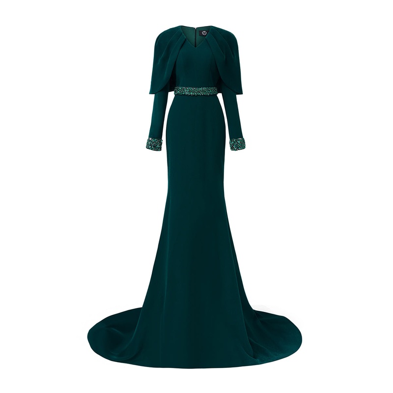 DARK GREEN V-NECK PLEATED COLLAR MULLET GOWN