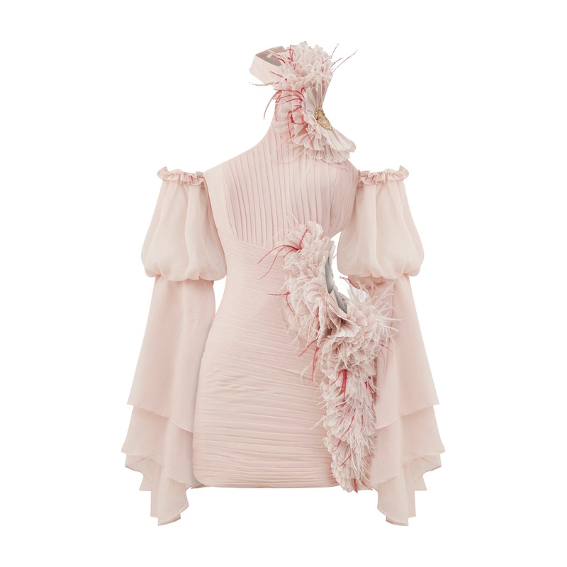 DUSTY PINK CUT-OUT DRAPED CHIFFON MINI DRESS