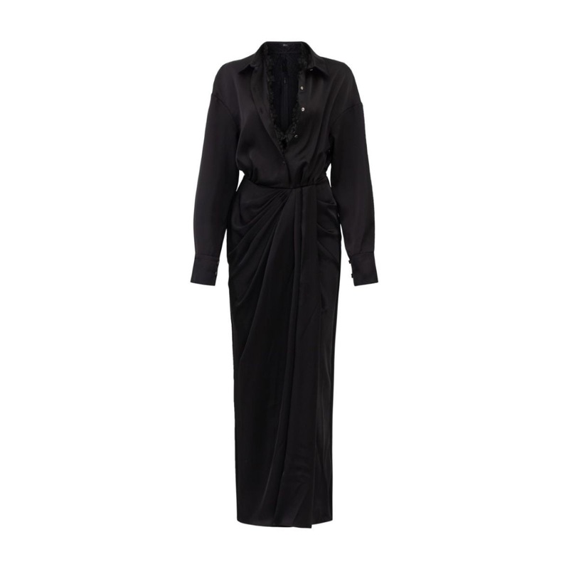 EIRA BLACK SILK SATIN PLEATED MIDI DRESS
