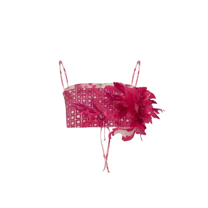 FUCHSIA PRINTED LINEN SEQUINED TOP WITH 3D FLOWER DETAIL