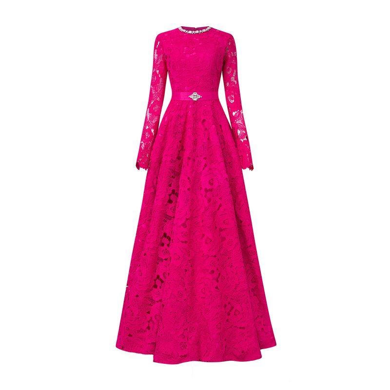 FUCHSIA ROUND NECKLINE LACE AND TAFFETA GOWN