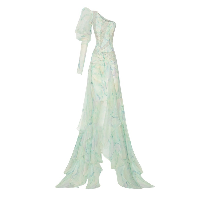 GREEN ONE-SHOULDER STONE PRINTED LACE MAXI DRESS