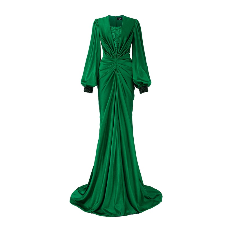 GREEN PLUNGE NECKLINE BOUFFANT SLEEVES SILK GOWN