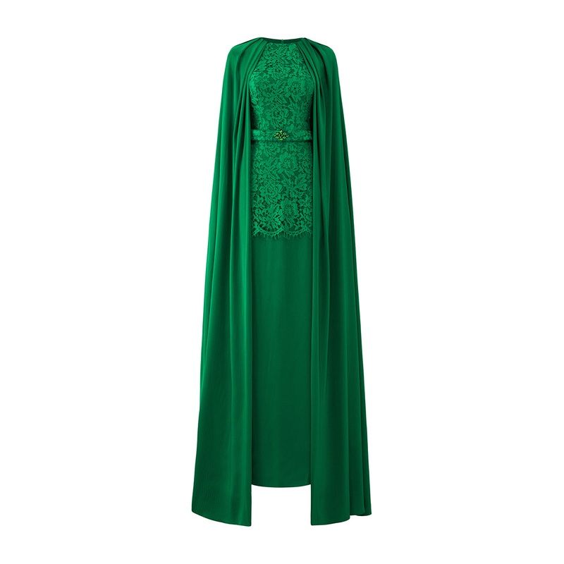 GREEN SILK AND LACE GOWN WITH PLEATED NECKLINE CAPE