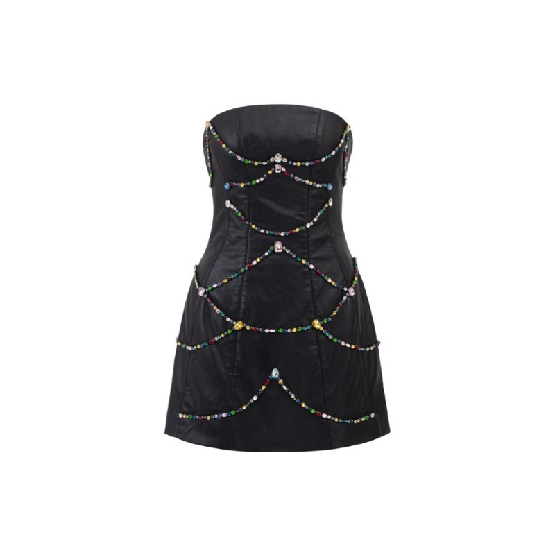 HELGA BLACK LEATHER CRYSTAL MINI DRESS