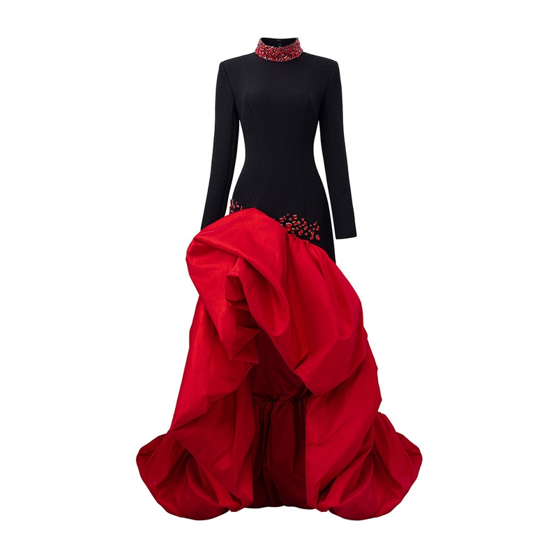 HIGH NECKLINE GOWN WITH DRAPED TAFFETA HEM