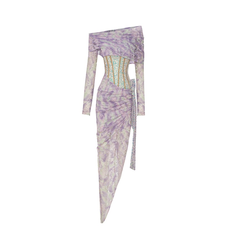 LILAC SEQUINED LACE LONG SLEEVE ASYMMETRICAL DRESS