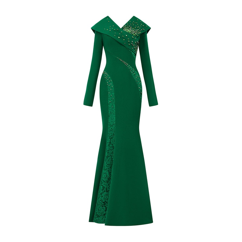 LONG SLEEVES CUT-OUT MERMAID GREEN CREPE GOWN