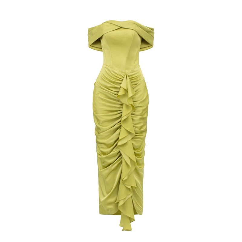 NAAVA GREEN SILK SATIN OFF-SHOULDER MIDI DRESS