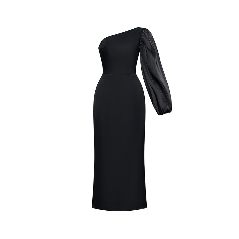 NYSSA BLACK ONE SLEEVE MIDI DRESS