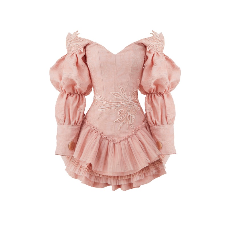 PINK APPLIQUE DETAILED RUFFLED MINI DRESS
