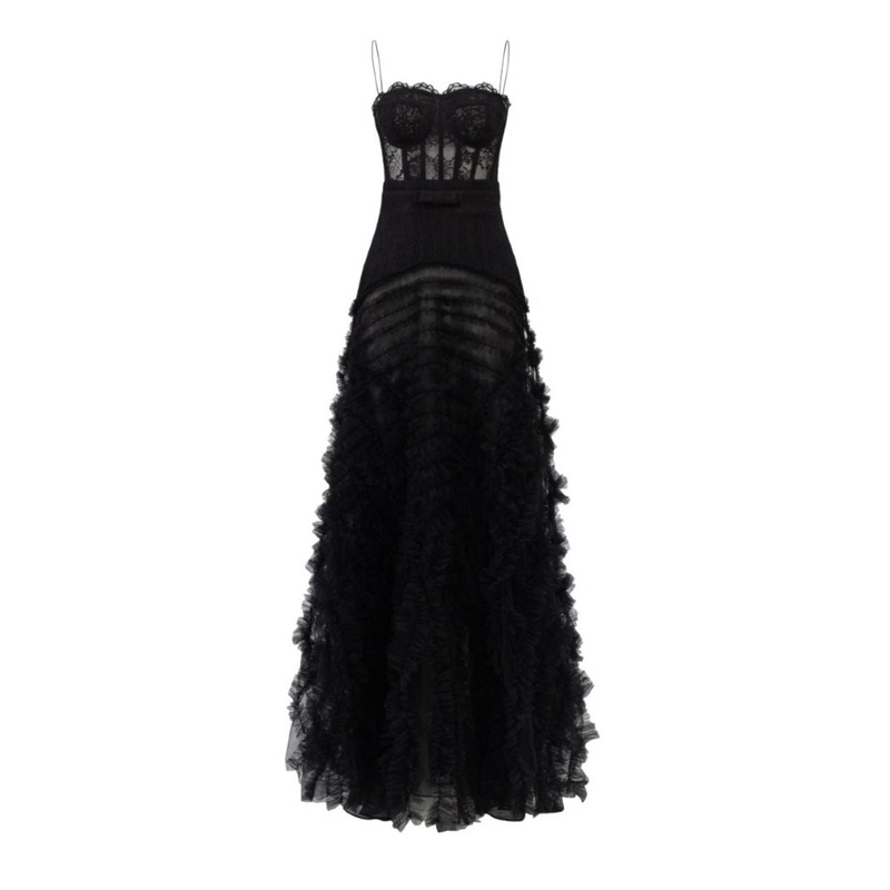 RAANANA BLACK LACE MIXED TULLE GOWN