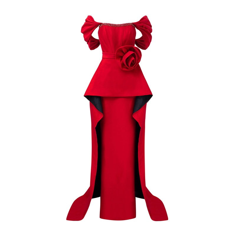 RED BUSTIER DRESS WITH OFF-SHOULDER SLEEVES