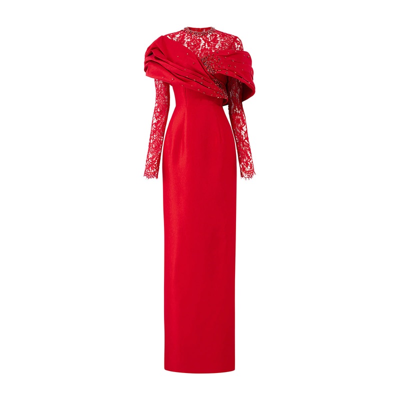 RED DRAPED SHOULDER TAFFETA GOWN WITH LONG LACE SLEEVES