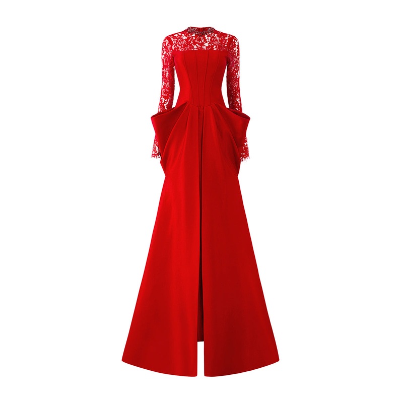 RED LONG SLEEVES WITH DRAPED WAIST GOWN