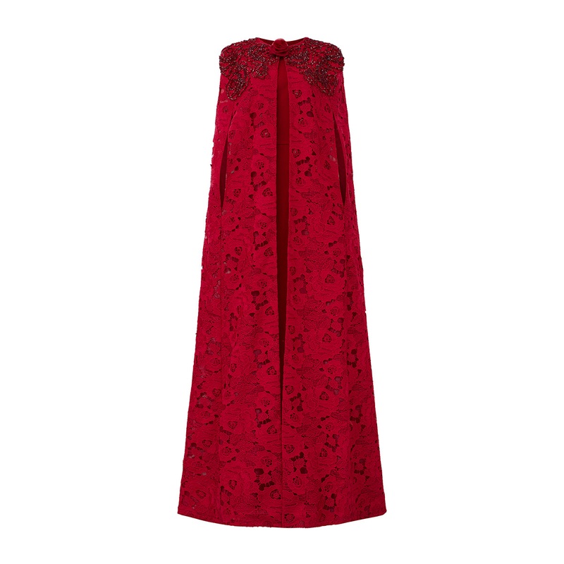 RED ROUND NECKLINE SLEEVELESS GOWN WITH LONG LACE CAPE