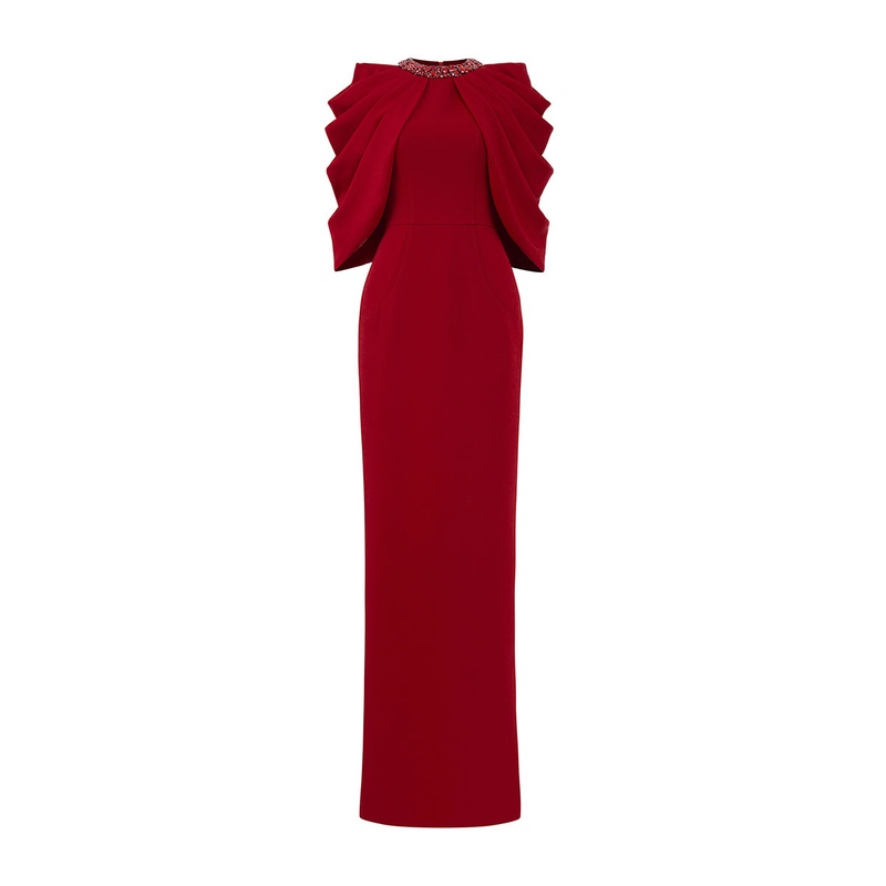 ROUND NECKLINE COLUMN GOWN WITH DRAPED CAPE