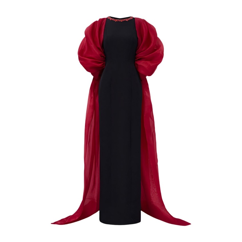 ROUND NECKLINE SCUBA GOWN WITH DRAPED ORGANZA SLEEVES