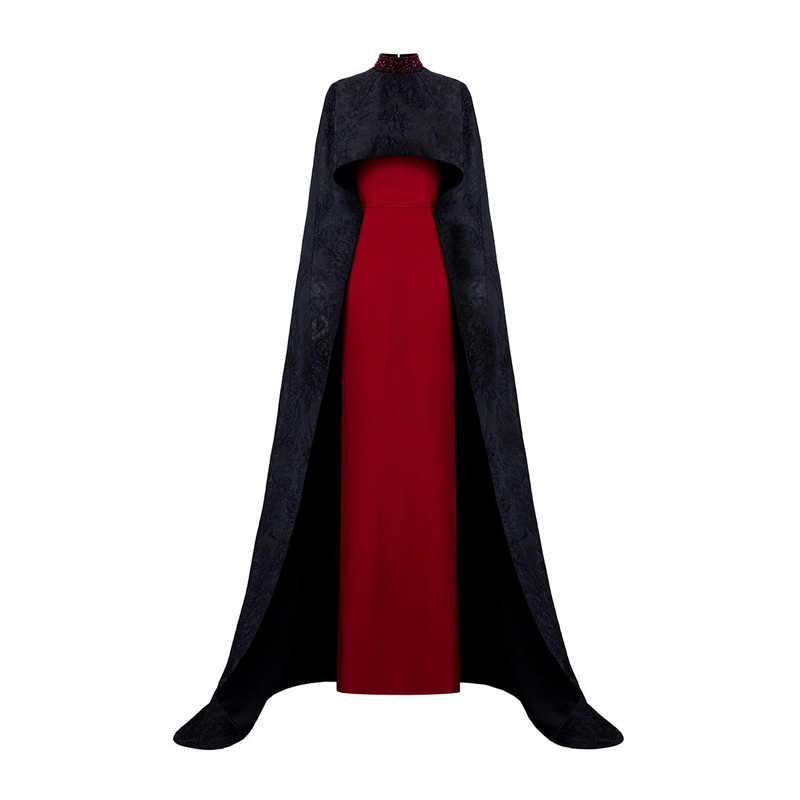 ROUND NECKLINE SLEEVELESS GOWN WITH ROSE JACQUARD LONG CAPE