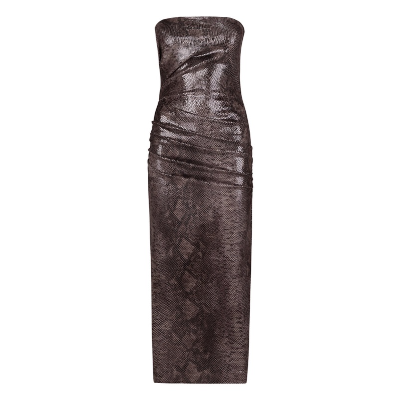 SERPENT STRAPLESS FAUX LEATHER MIDI DRESS