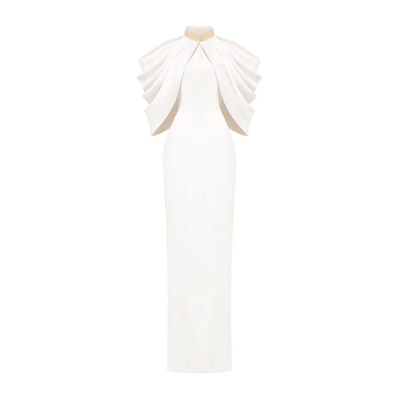 WHITE BOTTLE NECKLINE DRAPED SHOULDER GOWN