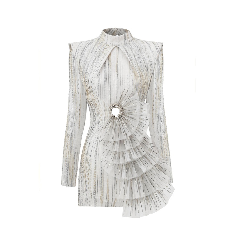 WHITE RUFFLED METALLIC THREADED MINI DRESS