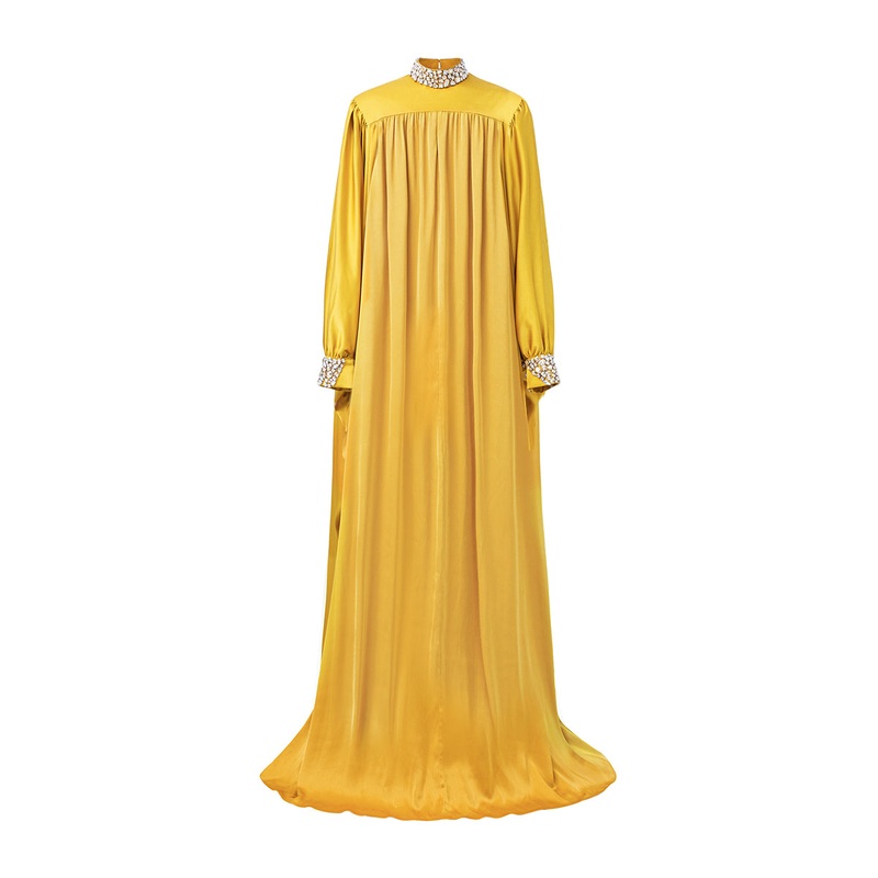 YELLOW HIGH-NECK BOUFFANT SLEEVES GOWN