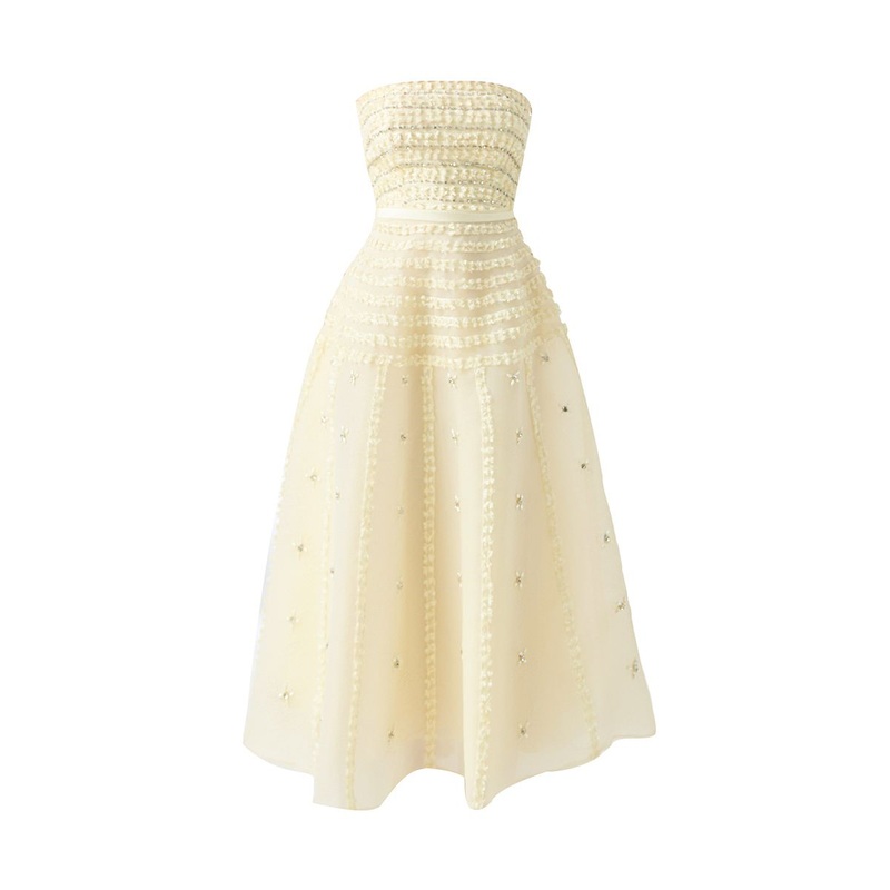 BEIGE STRAPLESS STONE ORGANZA BEIGE MIDI DRESS
