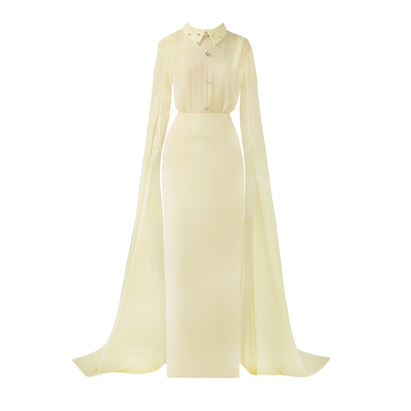BEIGE TAFFETA FLOOR LENGTH GOWN