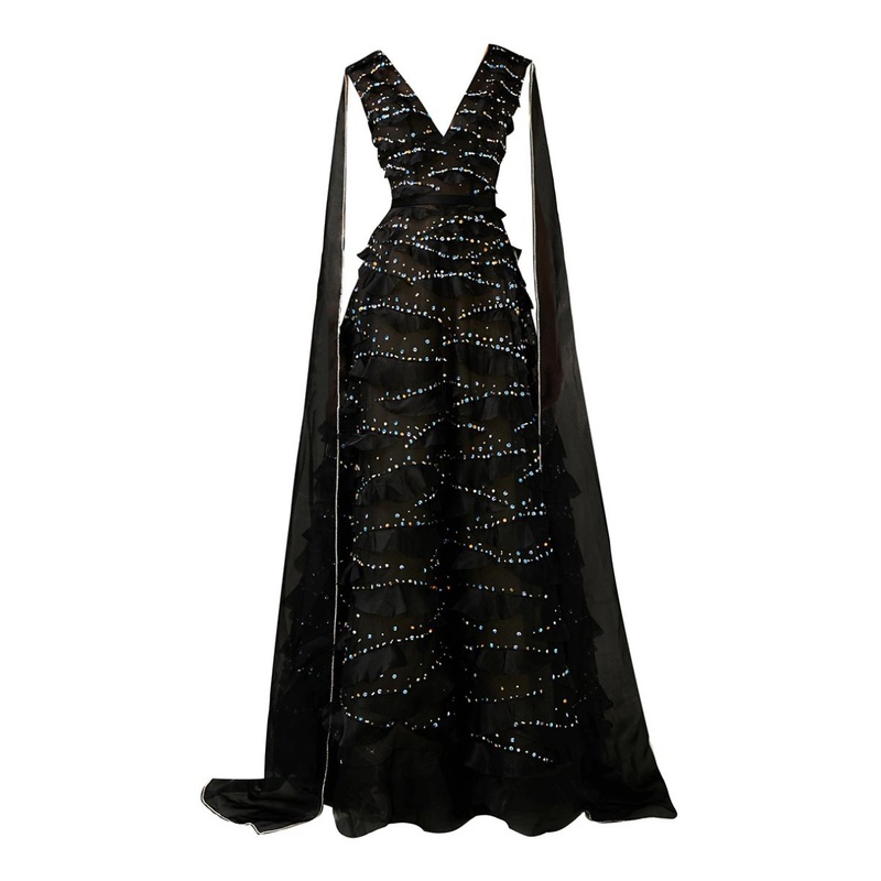 BLACK LAYERED FLOOR LENGTH GOWN WITH SCARF
