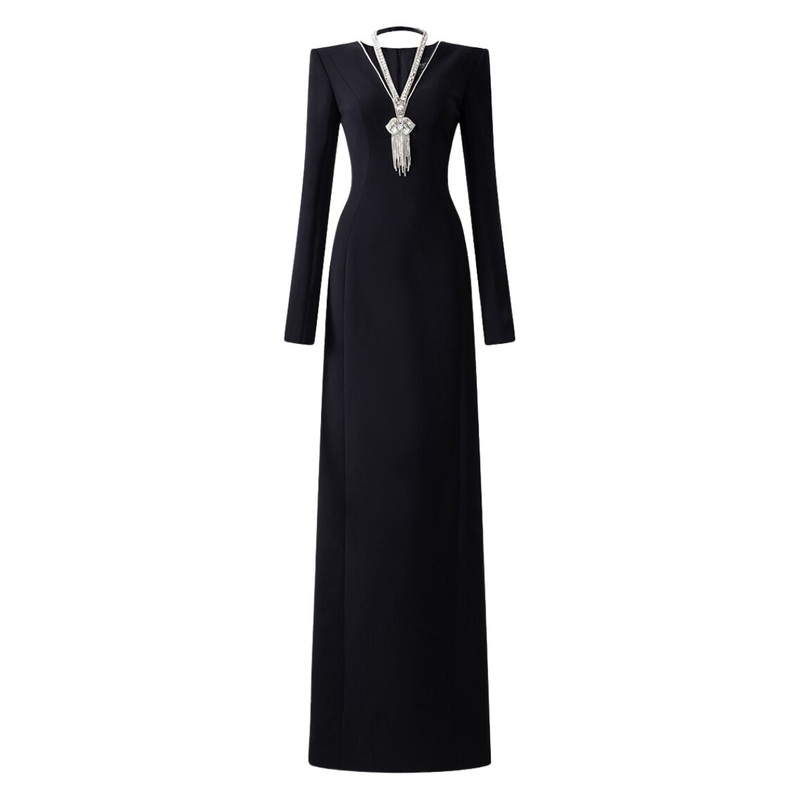 BLACK LONG SLEEVE BACK SLIT GOWN