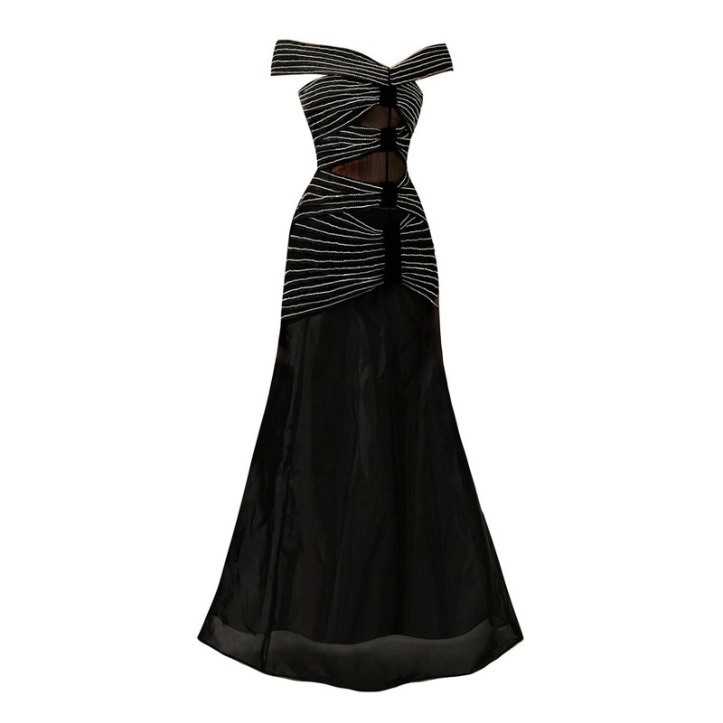 BLACK OFF-SHOULDER FLOOR LENGTH GOWN