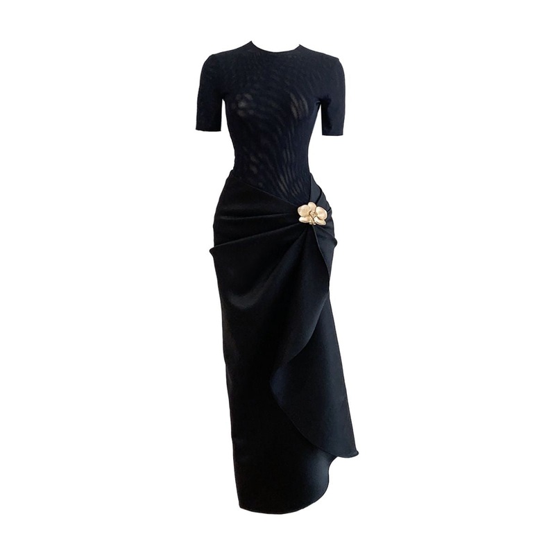 BLACK ORCHID STYLIZED WAIST-DIPPED SILK MIDI DRESS