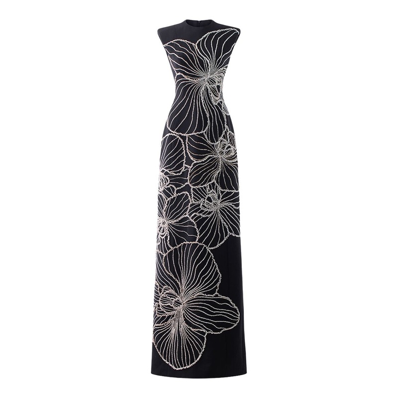 BLACK SLEEVELESS CRYSTAL ORCHID PATTERN GOWN