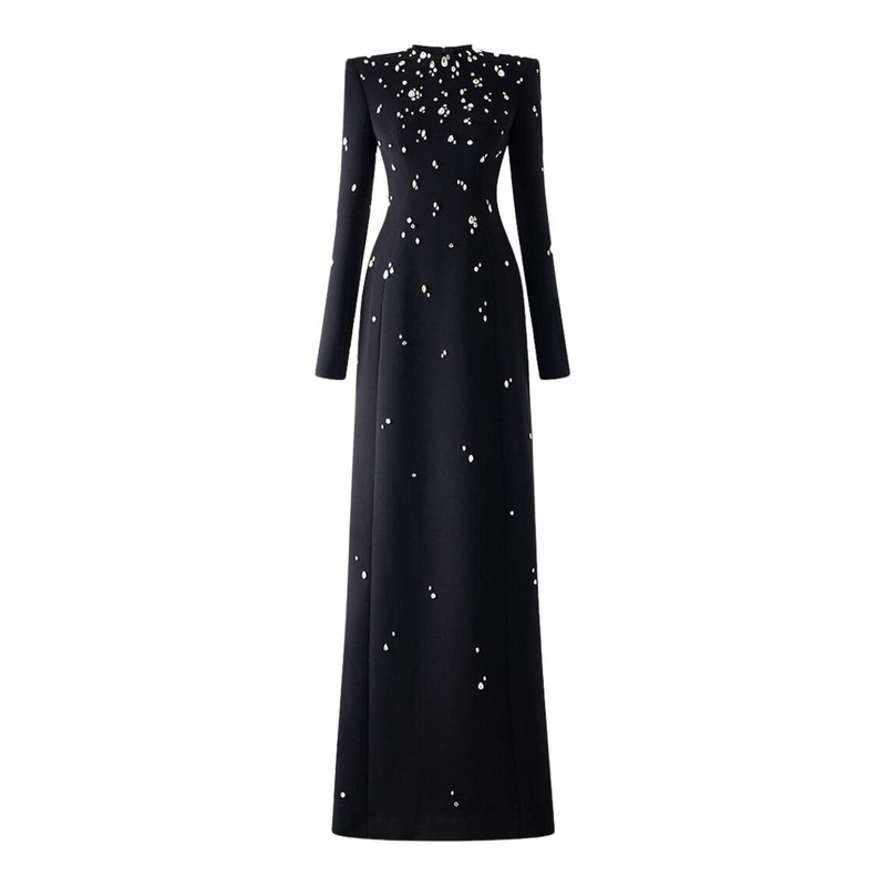 BLACK STONE-EMBELLISHED LONG-SLEEVE GOWN