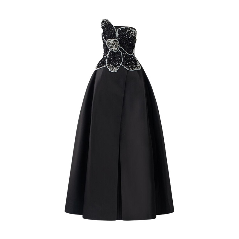 BLACK STRAPLESS ORCHID PATTERNED A-LINE GOWN