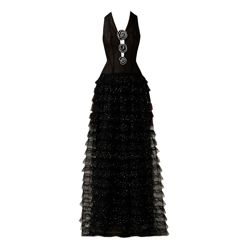 BLACK V-NECK ROSES EMBELLISHMENT GOWN