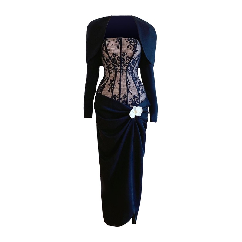 BLACK WAIST-CINCHED ORCHID AND CORSET SHIRT MIDI DRESS