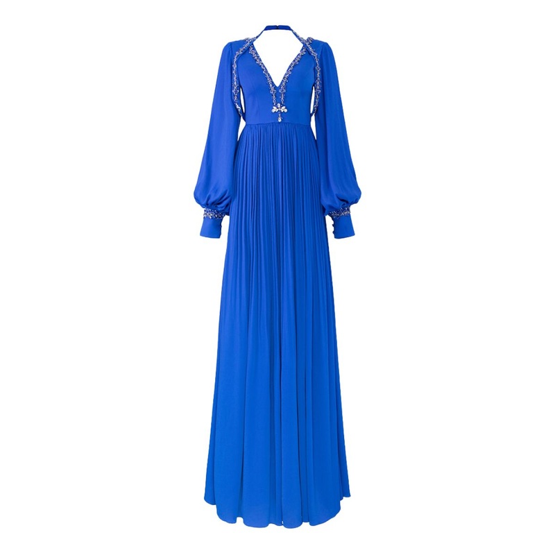 COBALT LONG PUFFY SLEEVE V-NECK GOWN
