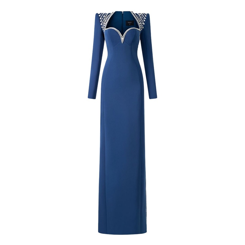 DARK BLUE LONG SLEEVE CHEST CUP STRAIGHT GOWN