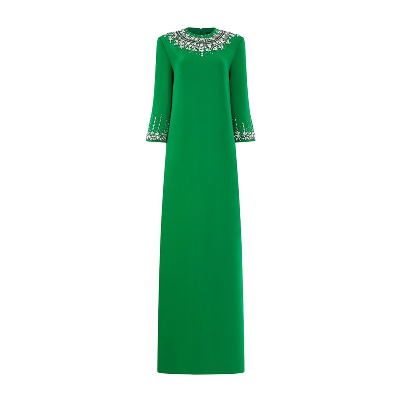 GREEN MIDDLE SLEEVE STONE EMBELLISHED GOWN