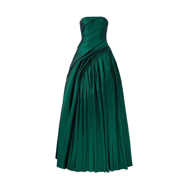 GREEN STRAPLESS DIAGONAL GATHERED GOWN