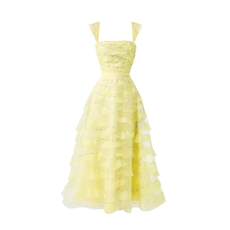 LIGHT YELLOW ORGANZA LAYERED MIDI DRESS
